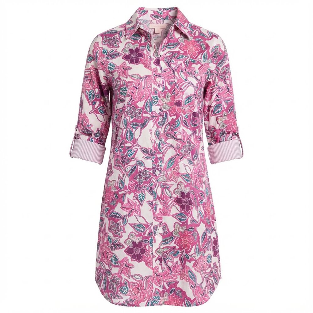 Karen Kane Roll-Sleeve Shirt Dress Button-Front Collared Dress